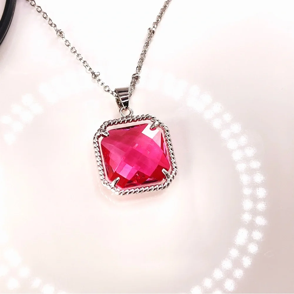 Faceted Pink Simulated Gemstone Necklace - Rhodium Plated Jeweled Pendant - NEW